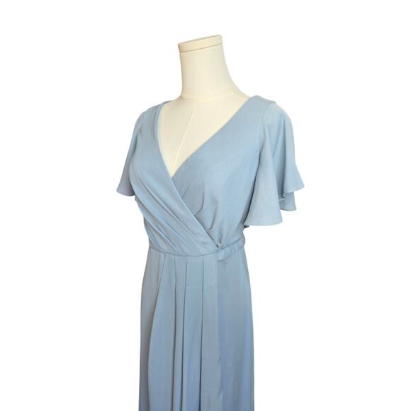 DAVID'S BRIDAL Dusty Blue Maxi Wrap Pleated Dress - Picture 3 of 9